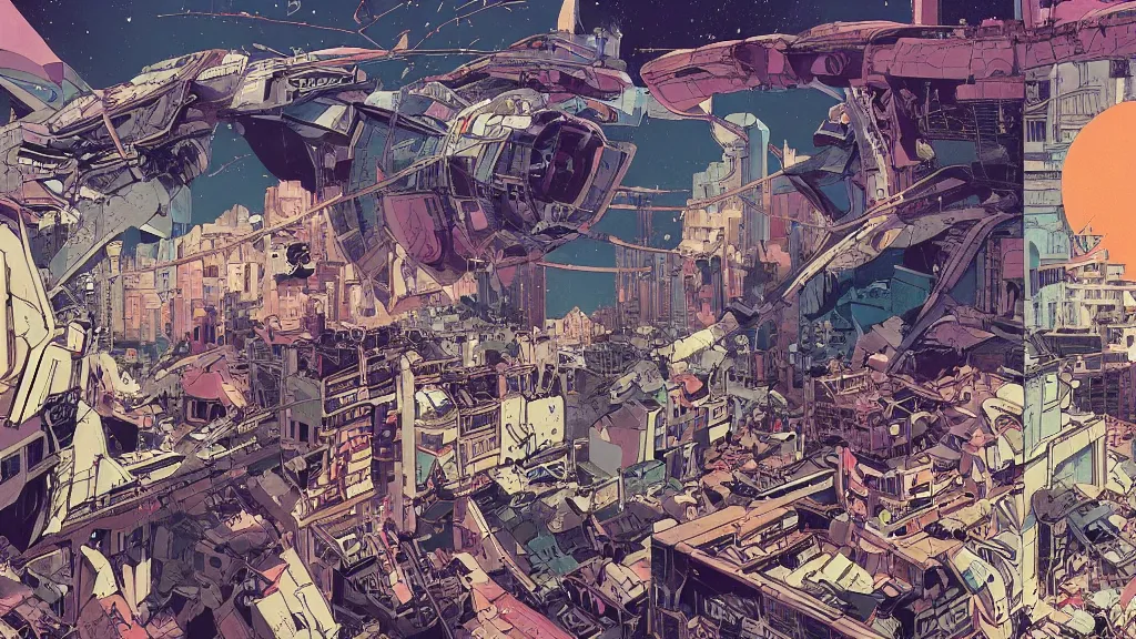 Image similar to colourful prophet graphic novel, ilya kuvshinov, mcbess, rutkowski, simon roy, roset, kuvshinov, illustration of decrepit cyberpunk arcologies in dystopian megalopolis ruins with spaceship debris floating in space, wide shot, high contrast colors, very anime!!! anime!! intricate details, deep shadows, astrophotography