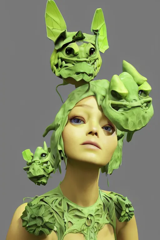 Prompt: epic 3 d sculpture of trans model, porcelain headdress, 2 0 mm, with pastel yellow and pastel green hextech bursting, perlin noise melting into bulbasaur, delicate, beautiful, intricate, houdini sidefx, artstation, by jeremy mann and ilya kuvshinov, jamie hewlett and ayami kojima