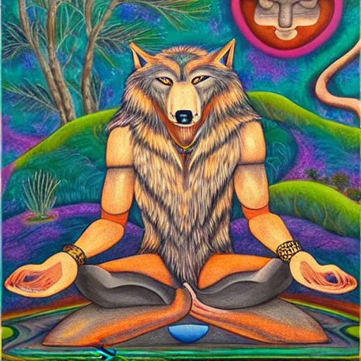 Image similar to an anthromorphic wolf man meditating in a zen garden, by amanda clark and amanda sage in a psychedelic style, oil on canvas