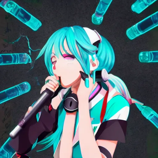 Image similar to hatsune miku smoking weed with a vape pen, smoke coming out of her mouth, bloodshot eyes, artstation, 4 k