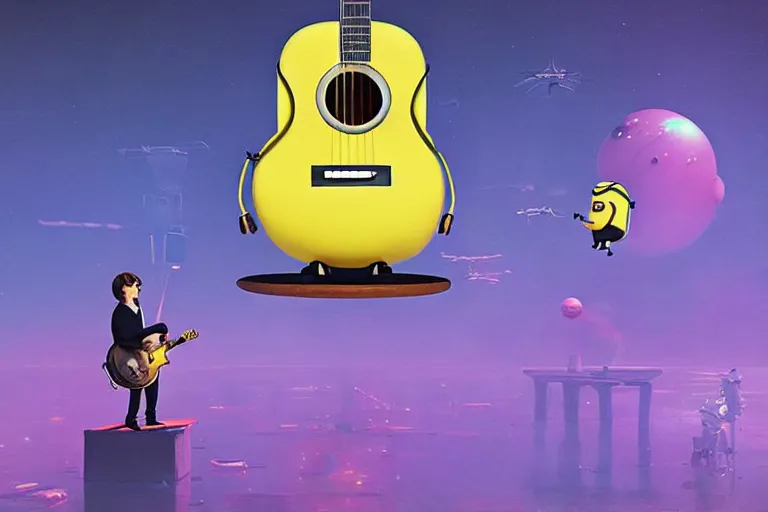 Prompt: the beatles performs with guitar on a giant yellow flying minion, sci fi, art by mike winkelmann, trending on cgsociety, retrofuturism, darksynth, sci - fi