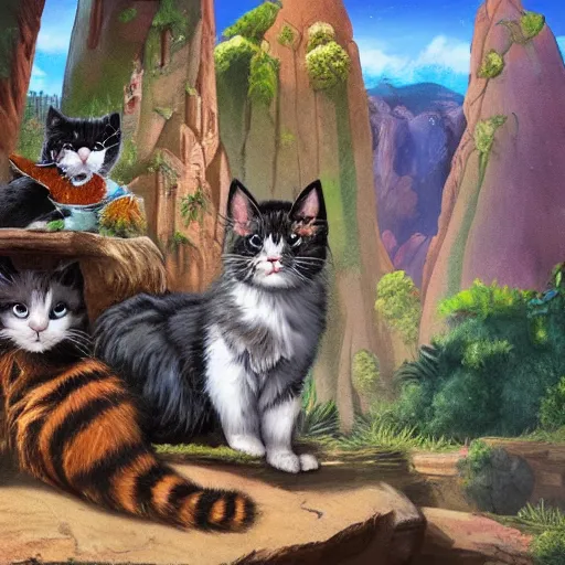 Prompt: a beautiful scenic painting of a group of adventurers cats