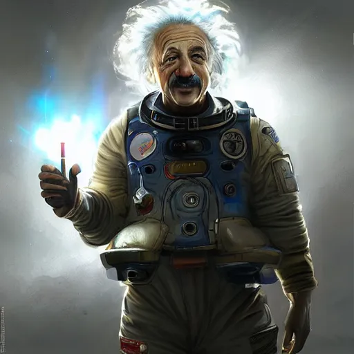 Prompt: albert einstein man in a space suit with a light in his hand, concept art by Raymond Swanland, cgsociety, afrofuturism, future tech, cryengine, concept art