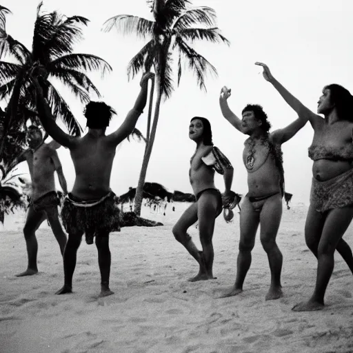 Image similar to samoan hippies from the 6 0 s dancing around a beach, nostalgic, sunny, coconut trees in the background, film, cinematic, kodak film, 3 5 mm, 8 k, 4 k