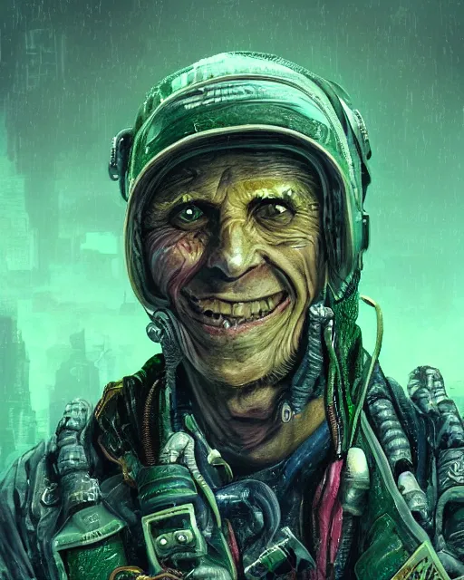 Image similar to an intimate portrait of a gnarly human cyberpunk captain, old skin, faded hat, crooked teeth, green eyes, a look of menace, detailed matte fantasy painting