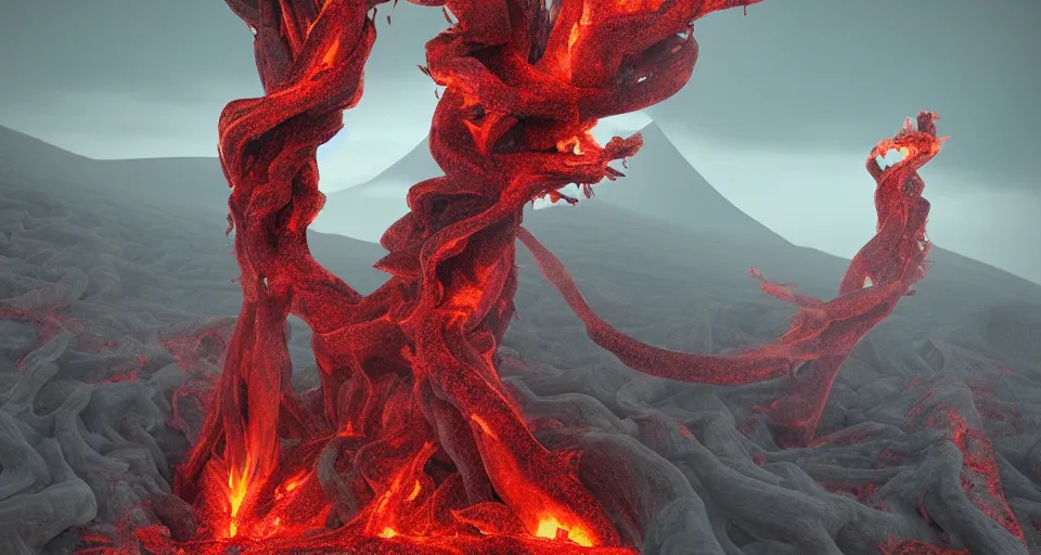 Image similar to a volcano made of ivory vines and crimson rocks enters in eruption, it spits a smoke in the shape of demonic eye, by filip hodas