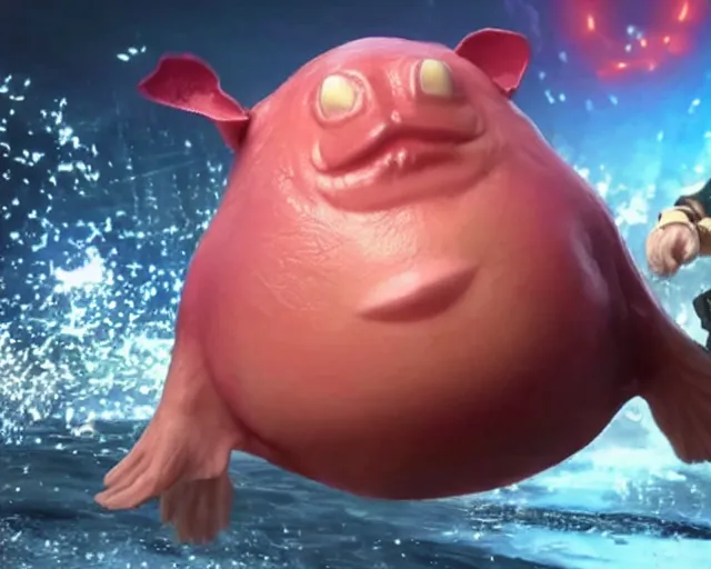 Prompt: cute smiling blobfish!! as new playable character in tekken7