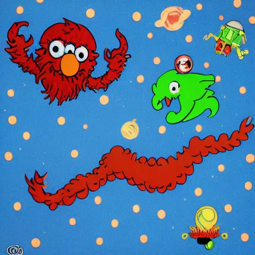 Prompt: Eldritch Abomination Elmo devouring humans floating in space