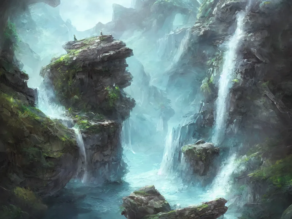 Prompt: A beautiful concept art painting of a giant levitating stone with waterfalls falling off its edges, by Natasha Tan, trending on artstation, dramatic lighting