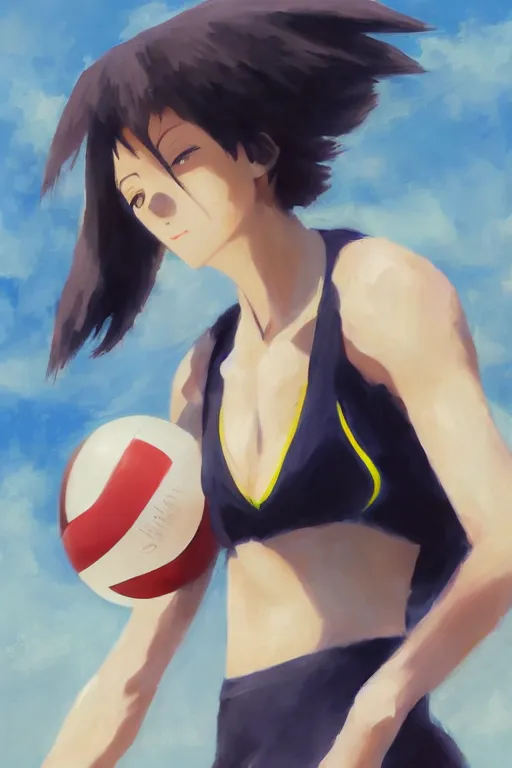 Prompt: A beautiful panting of a stylish woman playing volleyball, Oil painting, by Makoto Shinkai