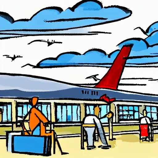 Prompt: a cartoon scene of an airport and cloudy skies