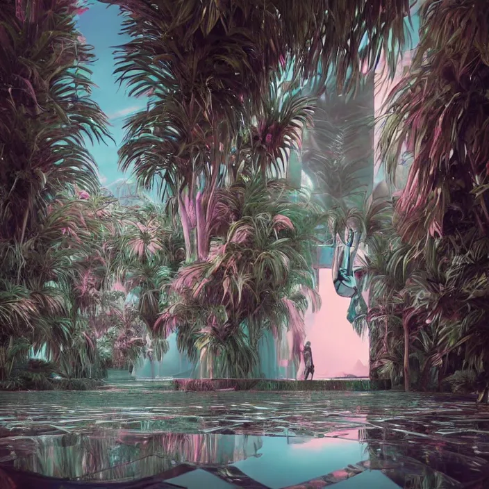 Image similar to hyperrealistic geometric objects in a surreal minimalistic 8 0's dreamscape environment by salvador dali, enormous chrome man, highly detailed, 3 d render, octane, beautiful lighting, photorealistic, intricate, elegant, wayne barlowe, water, mirrors, pink doorway, beautiful, masterpiece, trending on artstation, artgerm, checkered floor, palm tree