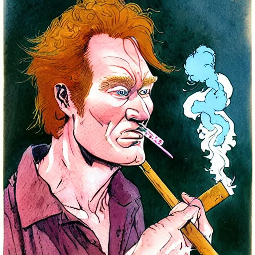 Image similar to a realistic and atmospheric watercolour fantasy character concept art portrait of conan o'brien with pink eyes wearing a wife beater and smoking a huge blunt by rebecca guay, michael kaluta, charles vess and jean moebius giraud