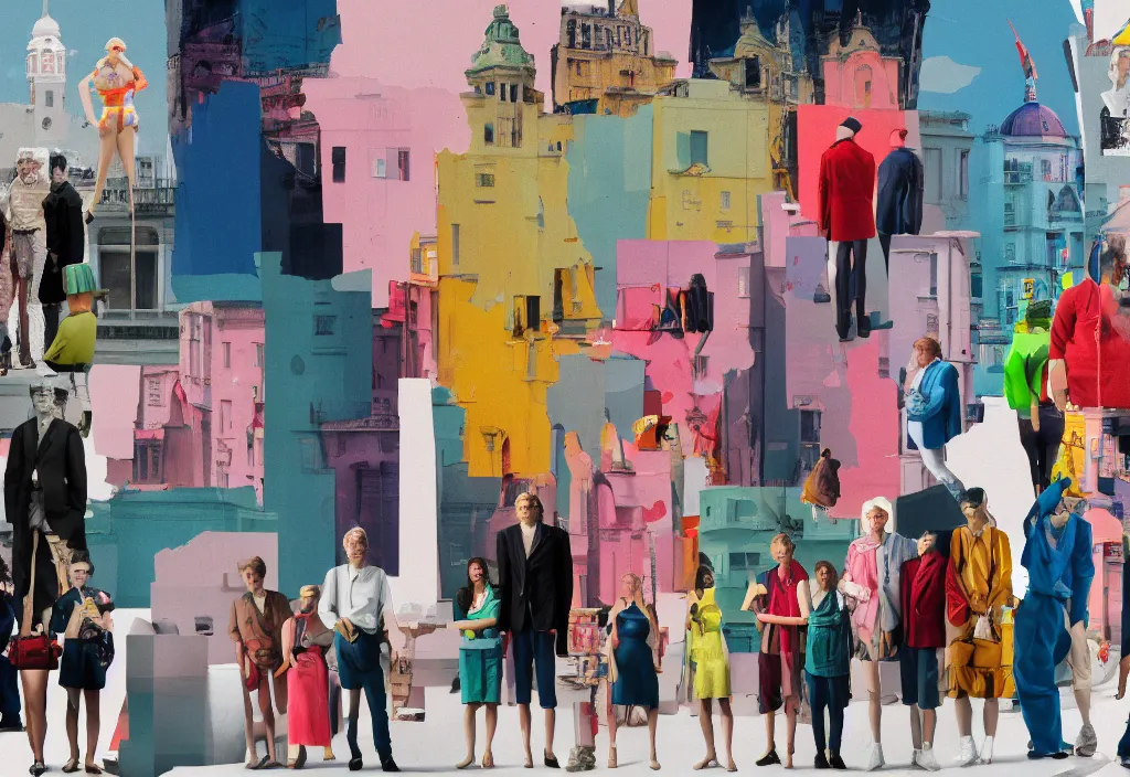 Image similar to a row of european tourists standing with a variety of poses and props, character designs, a collage painting, in the style of wes anderson, lola dupre, david hockney, isolated on negative white space background dark monochrome neon spraypaint accents volumetric octane render