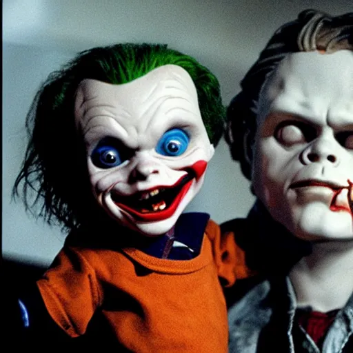 Prompt: Brad Dourif as The Joker holding Chucky the killer doll from the movie Child's Play