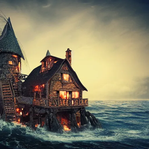 Prompt: a witches house on the ocean, epic scene, fantasy, redshift render, cgi, hyper - detailed, photo - bash, 8 k post - production, masterpiece