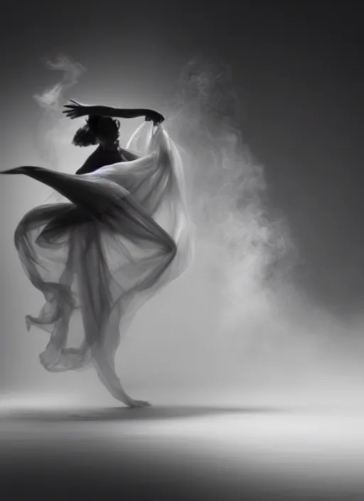 Image similar to a Photorealistic dramatic hyperrealistic render of a glamorous beautiful Female smoke dancer with perfect human form by Ken Brower and Deborah Ory of NYC Dance project,Lois Greenfield,Flowing cloth and smoke,Beautiful dynamic dramatic dark moody lighting,volumetric,shadows,cinematic atmosphere,Octane render,8K