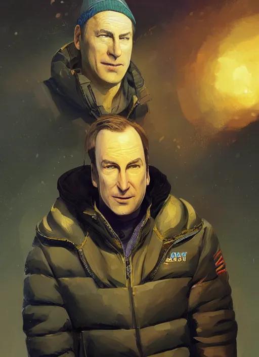 Image similar to bob odenkirk wearing a black supreme puffer jacket, a beanie and a golde necklace, elegant, digital painting, concept art, smooth, sharp focus, illustration, from starcraft by ruan jia and mandy jurgens and artgerm and william - adolphe bouguerea