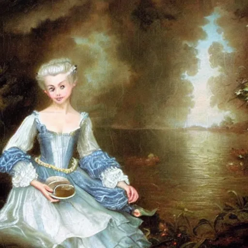 Prompt: A 18th century, messy, silver haired, (((mad))) elf princess (look like ((young Kate Winslet))), dressed in a frilly ((ragged)), wedding dress, is ((drinking a cup of tea)). Everything is underwater! and floating. Greenish blue tones, theatrical, (((underwater lights))), high contrasts, pencil drawing, inspired by Henry Wallis's The Death of Chatterton