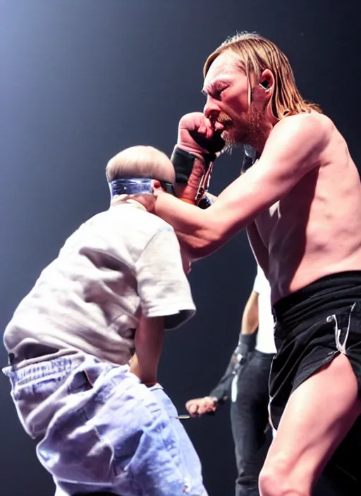 Image similar to thom yorke punching kid rock so hard his head flies off, photographic, ultra hd,