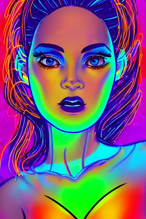 Image similar to a award winning portrait of a beautiful woman with stunning eyes in a one off shoulder croptop and cargo pants with rainbow colored hair, outlined by whirling illuminated neon lines and fine lines swirling in circles by ossdraws, digital art, trending on artstation