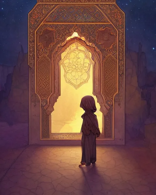 Image similar to a faceless bedouin child infront of a big open quran highly detailed, gold filigree, romantic storybook fantasy, soft cinematic lighting, award, disney concept art watercolor illustration by mandy jurgens and alphonse mucha and alena aenami, pastel color palette, featured on artstation