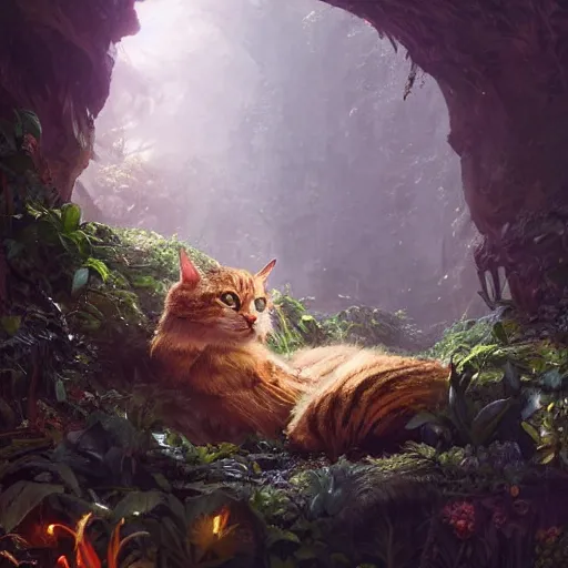 Prompt: Giant Cat resting in a cave, natural light, lush plants and flowers, elegant, intricate, fantasy, atmospheric lighting, by Greg rutkowski, league of legends splash art