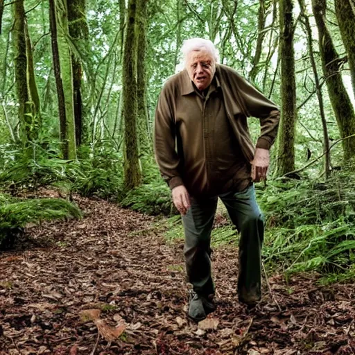 Image similar to Sir David Attenborough in the woods discovering Bigfoot Sasquatch