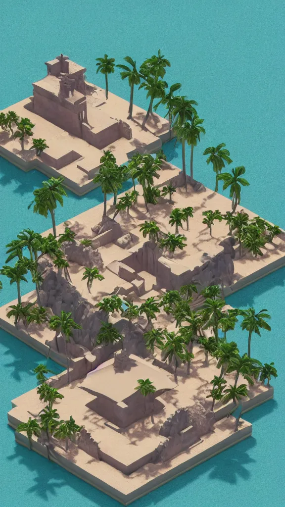 Prompt: matte 3 d scene of a desert temple on a floating island oasis, lat lighting, isometric perspective on tropical beach background, soft shadows, 3 d render, raytracing,