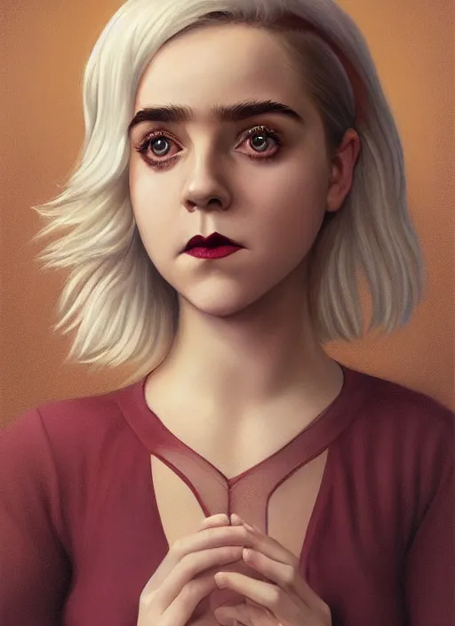 Image similar to full body portrait, kiernan shipka as sabrina spellman, white hair, obese, bangs, sultry, realistic, sultry smirk, fluffy bangs, curly bangs, fat, belly, intricate, elegant, highly detailed, digital painting, artstation, concept art, smooth, sharp focus, illustration, art by wlop, mars ravelo and greg rutkowski