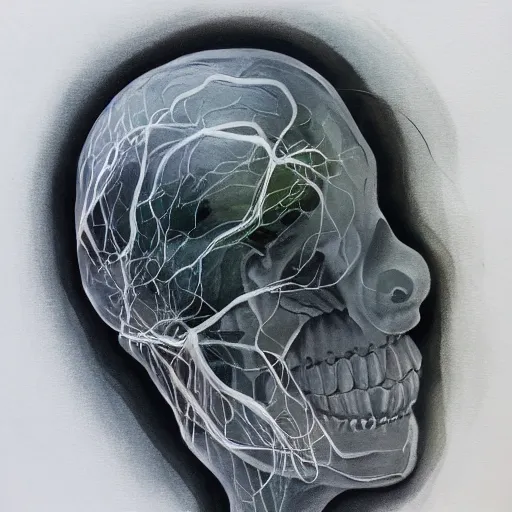 Prompt: ghosts, anatomical, veins, wires, mist, ink, oil spray