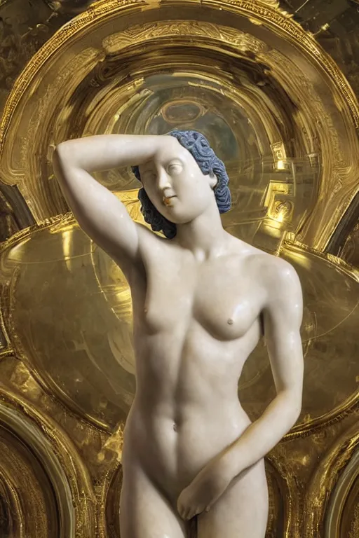 Prompt: marble sculpture depicting a woman programming the samsara holy cluster, hi tech, sci fi, cybernetic, dramatic lighting, digital photography, stunning, visionary, hyper realistic, beautiful, wow, gilt metal, rich marbles, by gian lorenzo bernini, by brecht evens, by jean delville, beautiful render, ultra detailed, sharp, 8 k
