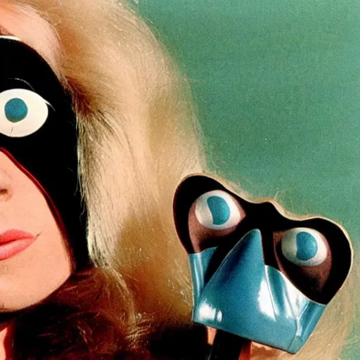 Prompt: 1970 woman on tv show wearing a mask with a long prosthetic nose, prosthetic eyeballs, wearing a leotard on the hillside 1970 color archival footage color film 16mm holding a hand puppet Fellini Almodovar John Waters Russ Meyer Doris Wishman