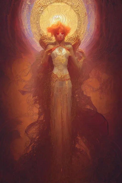 Prompt: tarot card artstation, portrait of a ghostly love dancer, sunrise, baroque ornament and rococo ornament, ancient chinese ornate, hyperdetailed, beautiful lighting, craig mullins, mucha, klimt, yoshitaka amano, red and gold and orange color palette