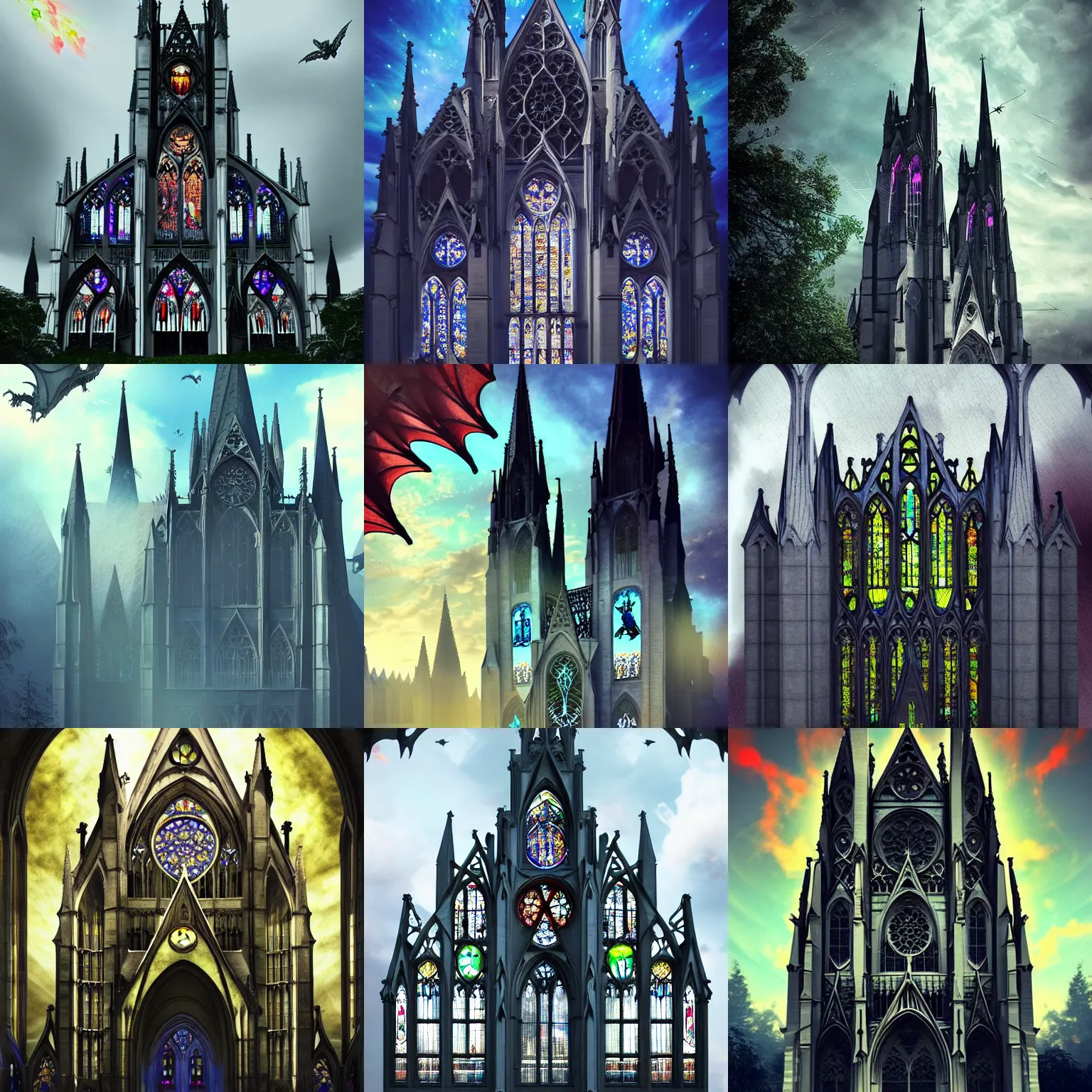 Prompt: outside exterior view flying stain glass wings gothic architecture cathedral lens laser dragon in the sky, artstation, cinematic, concept art, 8k, Pinterest, cgsociety, hyper detailed, ultra realistic, illustration, epic, high resolution, post processing, high quality,