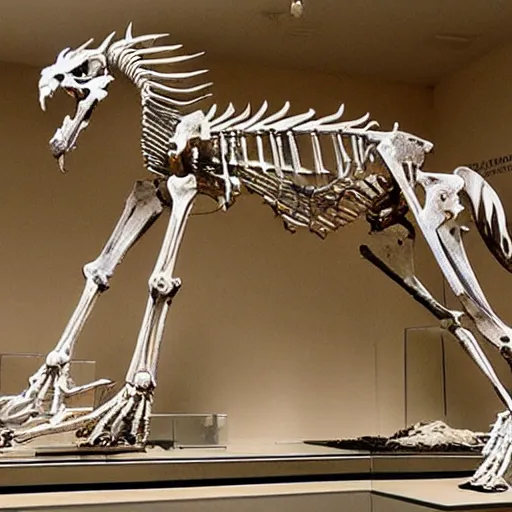 Prompt: a fossilized griffin skeleton, museum photo