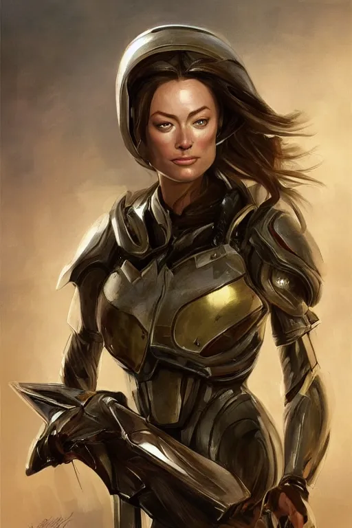 Prompt: a professional painting of a young Olivia Wilde, clothes in military armor, olive skin, long dark hair, beautiful bone structure, symmetrical facial features, intricate, elegant, digital painting, concept art, smooth, sharp focus, illustration, from StarCraft by Ruan Jia and Mandy Jurgens and Artgerm and William-Adolphe Bouguerea