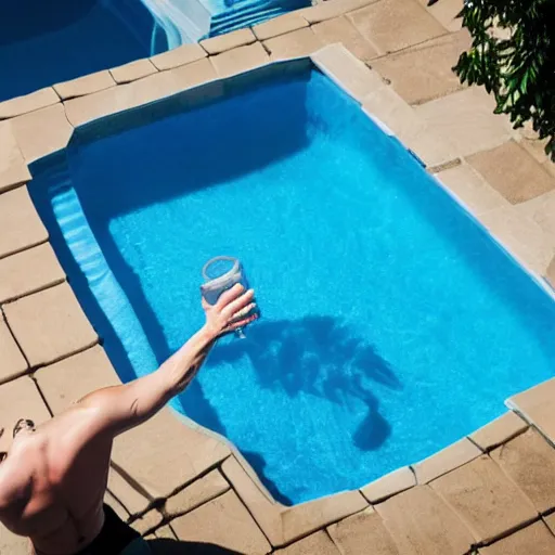 Prompt: A man drinks water from a swimming pool with a straw