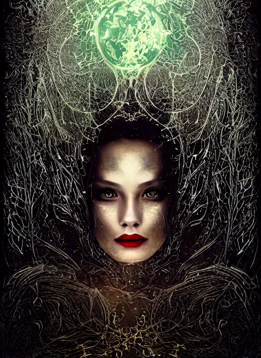 Image similar to glowing silver and golden elements, full close-up portrait, female portrait model from shutterstock as a dark evil looking witch, book cover, green forest, white moon, red lips, establishing shot, extremly high detail, photo-realistic, cinematic lighting, pen and ink, intricate line drawings, by Yoshitaka Amano, Ruan Jia, Kentaro Miura, Artgerm, post processed, concept art, artstation, matte painting, style by eddie, raphael lacoste, alex ross