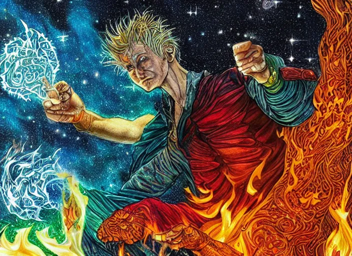 Image similar to high intricate colored ink drawing of the sandman holding a glimmering fire - galaxy, full shot, neil gaiman, maria panfilova, andrea savchenko, mike kime, ludovic plouffe, qi sheng luo, oliver cook, julian calle, eddie mendoza, trending on artstation