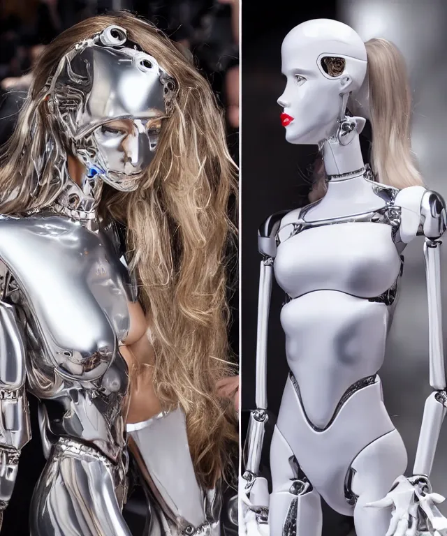 Prompt: a white victoria's secret model is standing besides a liquid metal humanoid robot and robot is touching model's face, robot's head is transformed into exact copy of model's head, realistic, 4 k