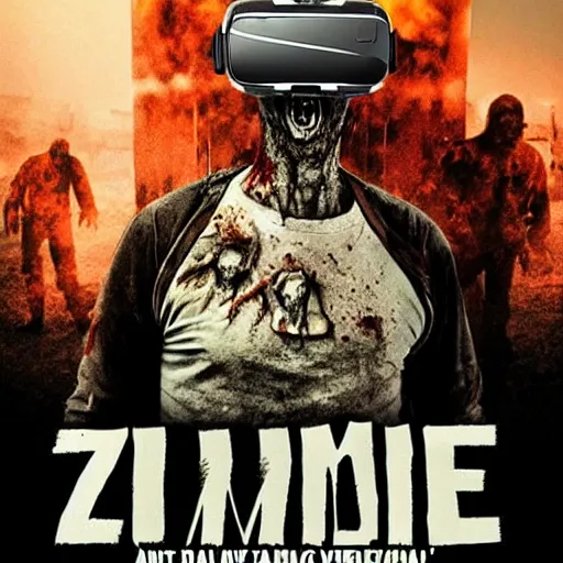 Prompt: zombie wearing vr, movie poster, text reads zombie