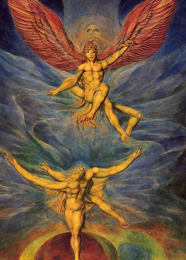 Prompt: Lucifer of the lunar mythos mercurial (surreal) fallen celestial, award winning oil painting by William Blake, chromatic aberration polychromatic color palette radiant colors