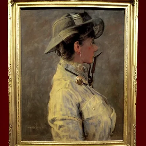 Image similar to action heroine leading a ww 1 army, by alfred stevens