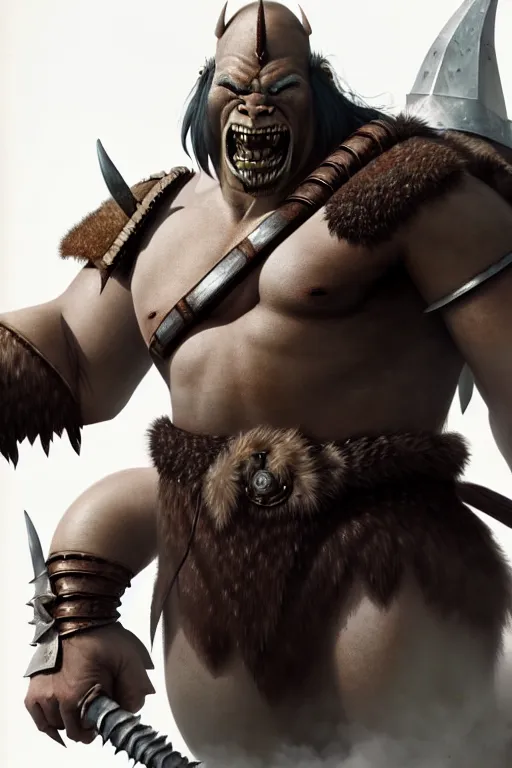 Image similar to orc barbarian wearing leather armor, full body shot, exquisite details, earth magic, mid view, design on a white background, by studio muti, greg rutkowski, makoto shinkai, takashi takeuchi, studio ghibli