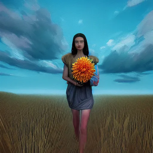 Image similar to portrait, giant dahlia flower head, girl walking between dunes, surreal photography, sunrise, blue sky, dramatic light, impressionist painting, digital painting, artstation, simon stalenhag