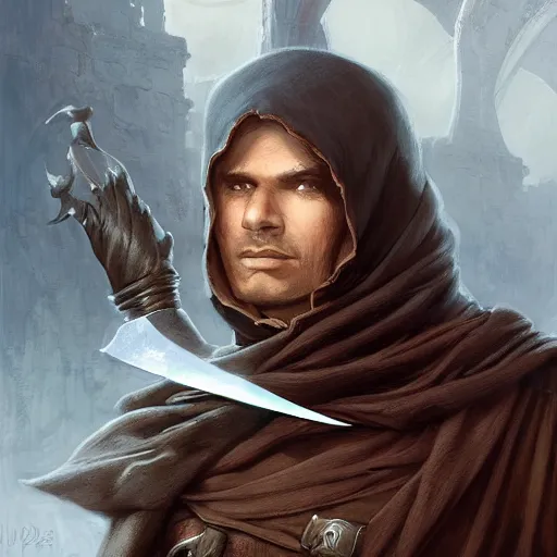 Image similar to mysterious male rogue wearing a cloak, covered face, holding a dagger. rpg game, stern expression, main character, detailed, digital painting, artstation, sharp focus, illustration, artgerm, tomasz alen kopera, peter mohrbacher, donato giancola, joseph christian leyendecker, wlop, frank frazetta