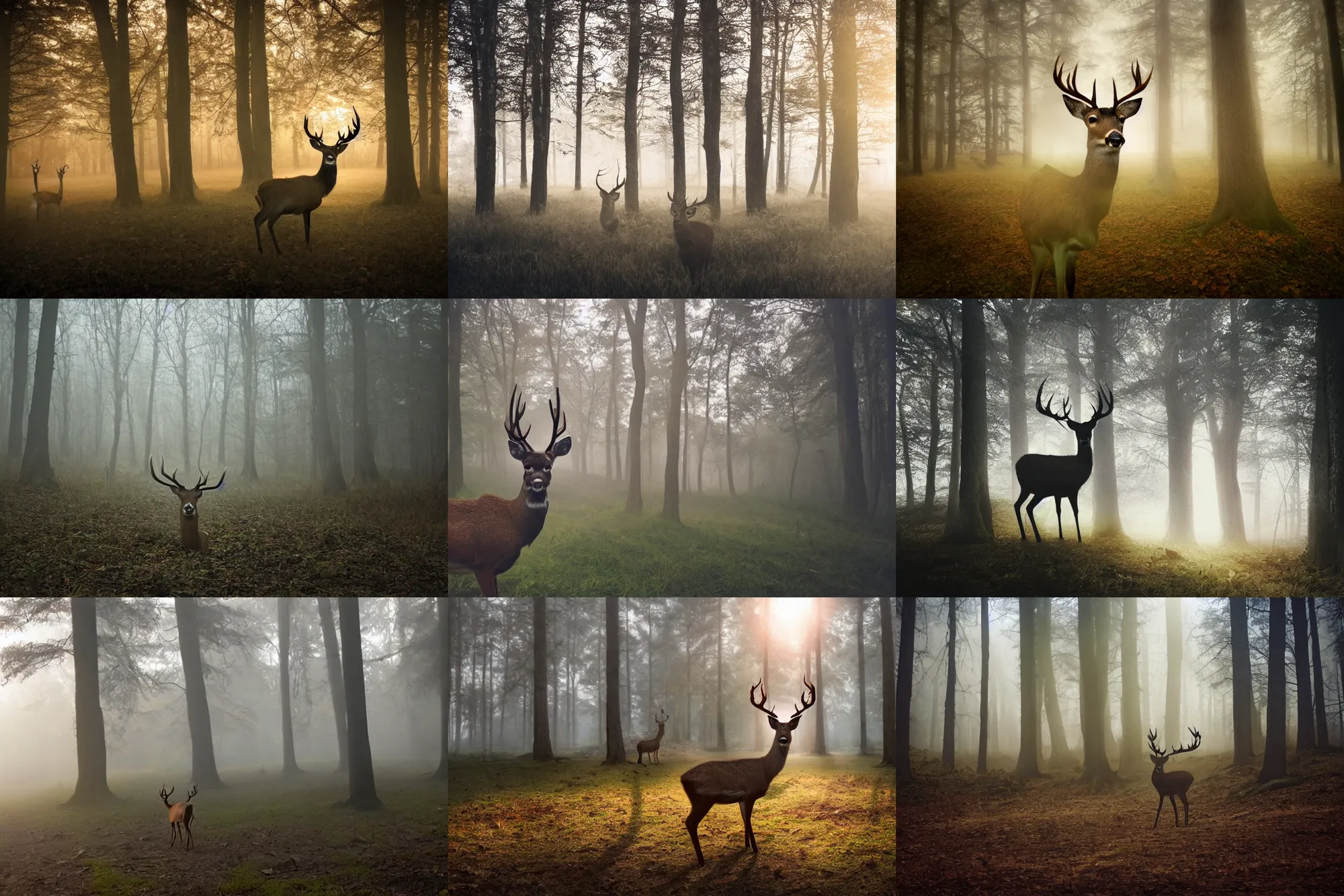 Prompt: deer portrait, facing camera, demon eyes, glowing eyes, landscape, misty forest scene, sun through the trees, surreal
