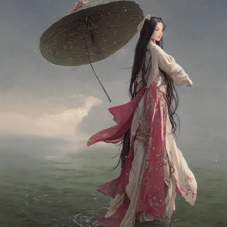 Image similar to portrait of a beautiful seductive slightly plump european girl wearing hanfu walking on water, farm background, fantasy, d & d, dark eyeliner, intricate, elegant, highly detailed, digital painting, artstation, concept art, matte, sharp focus, illustration, art by greg rutkowski and alphonse mucha