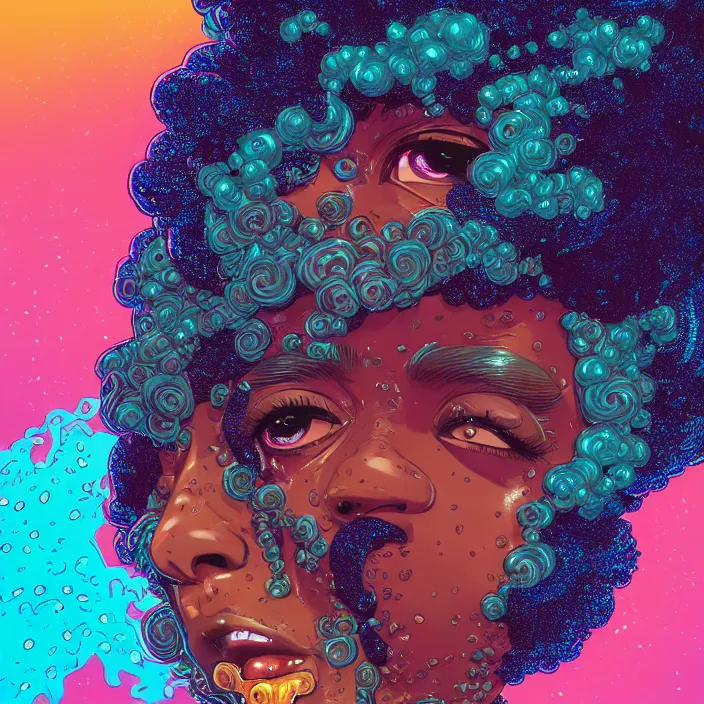 Image similar to ultra detailed illustration of a angry afro american girl covered in a sea of liquid chrome, metal material, lost in a dreamy orental realm by Victo Ngai, Andrew Thomas Huang, Ohrai Noriyoshi,, colorful, front view, synthwave, 8k, coherent, artgerm, uplifting, magical composition, artstation